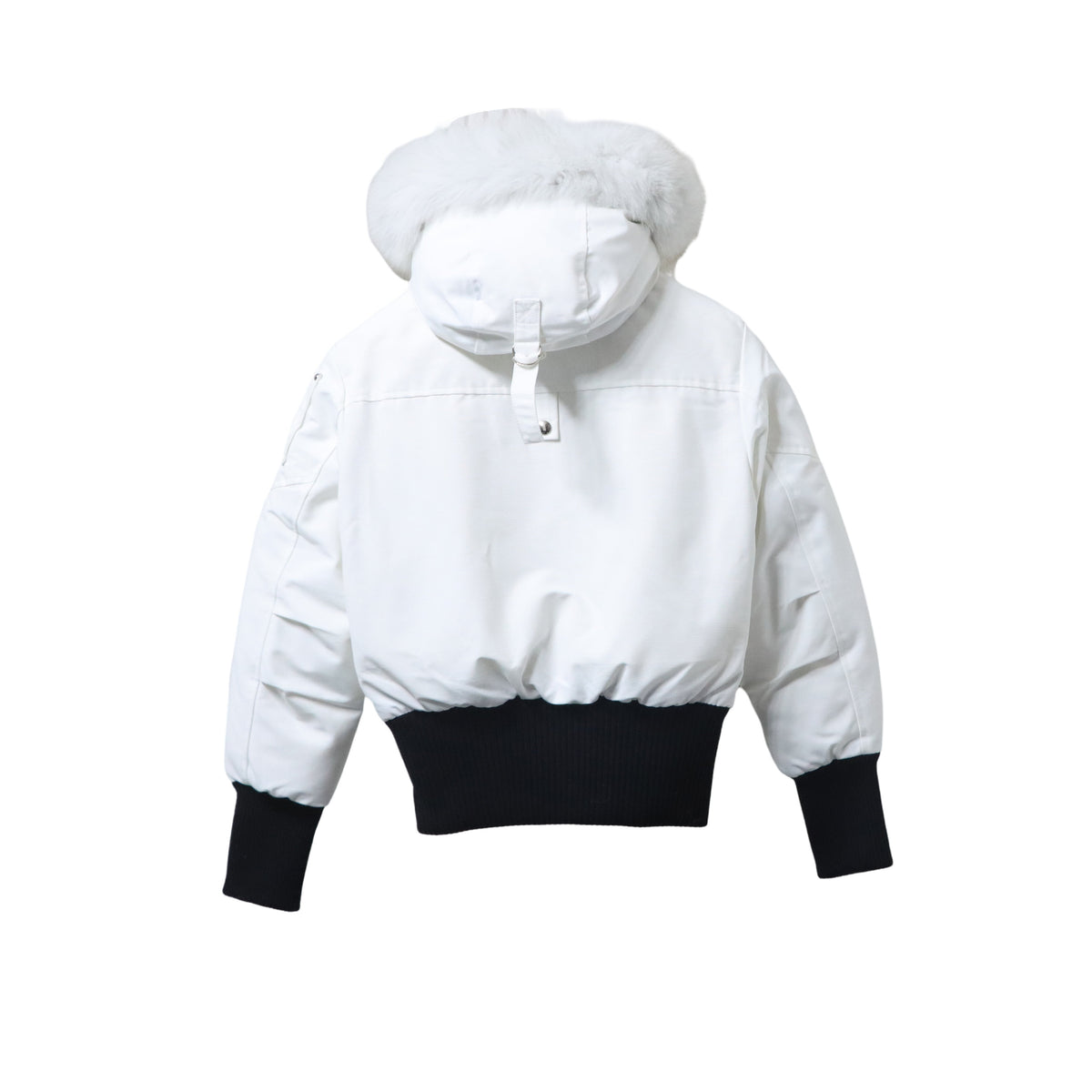Moose Knuckles White Fur-Trim Hooded Bomber Down Jacket with Black Ribbed Contrast