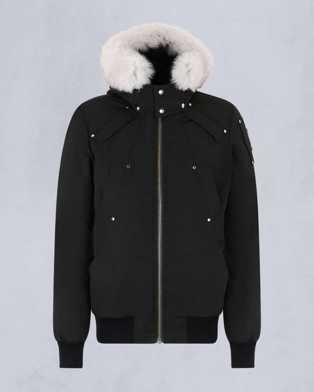 Moose Knuckles Black White Fur-Trim Hooded Bomber Down Jacket