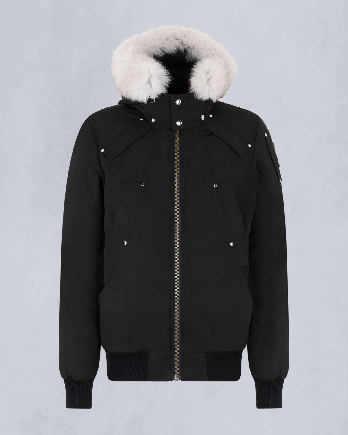 Moose Knuckles Black White Fur-Trim Hooded Bomber Down Jacket