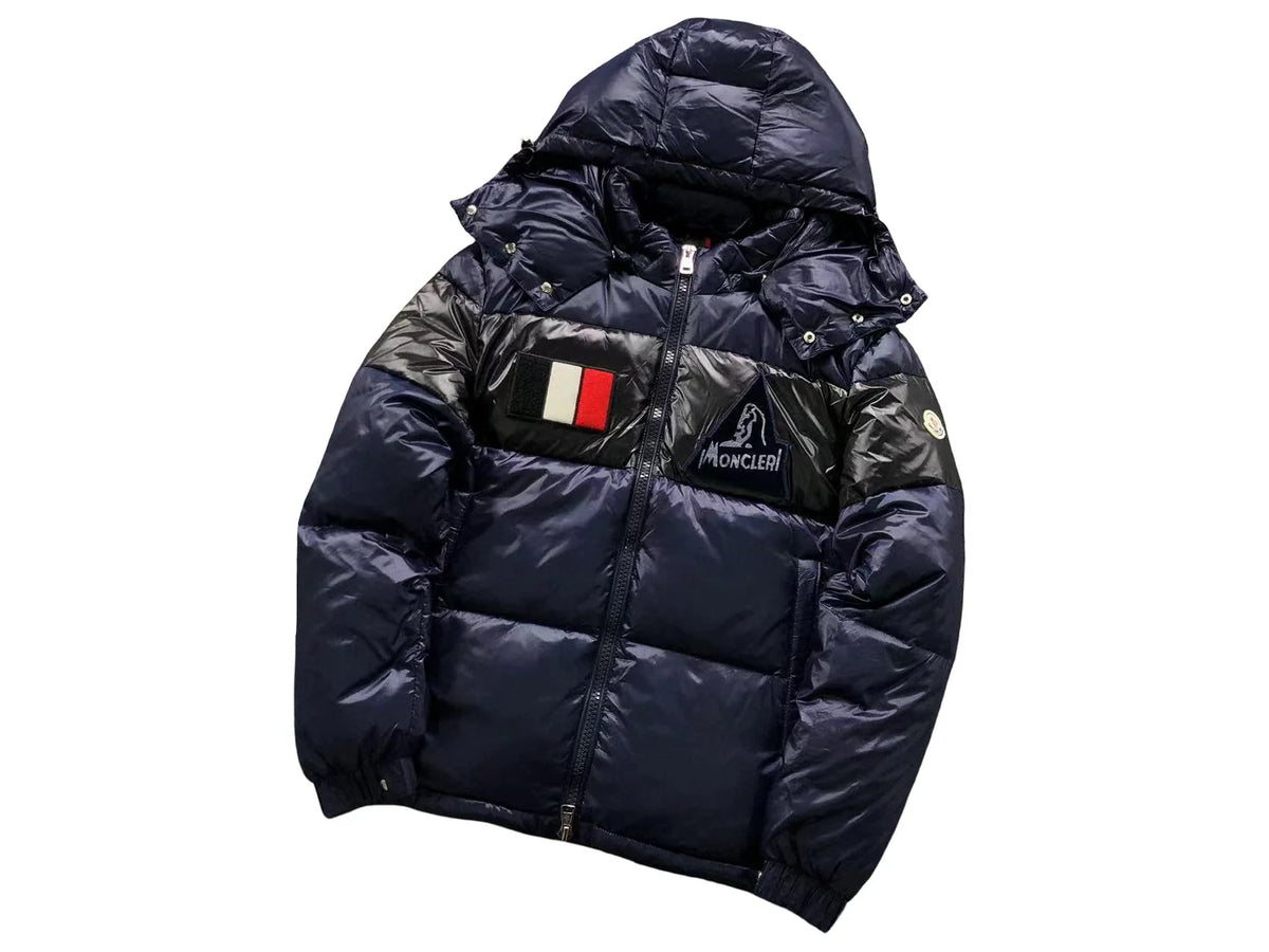 Moncler Navy Blue Black Color Block Hooded Puffer Jacket