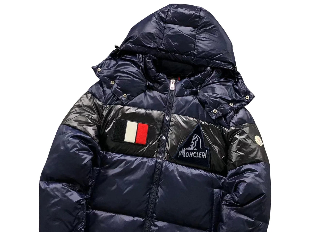 Moncler Navy Blue Black Color Block Hooded Puffer Jacket