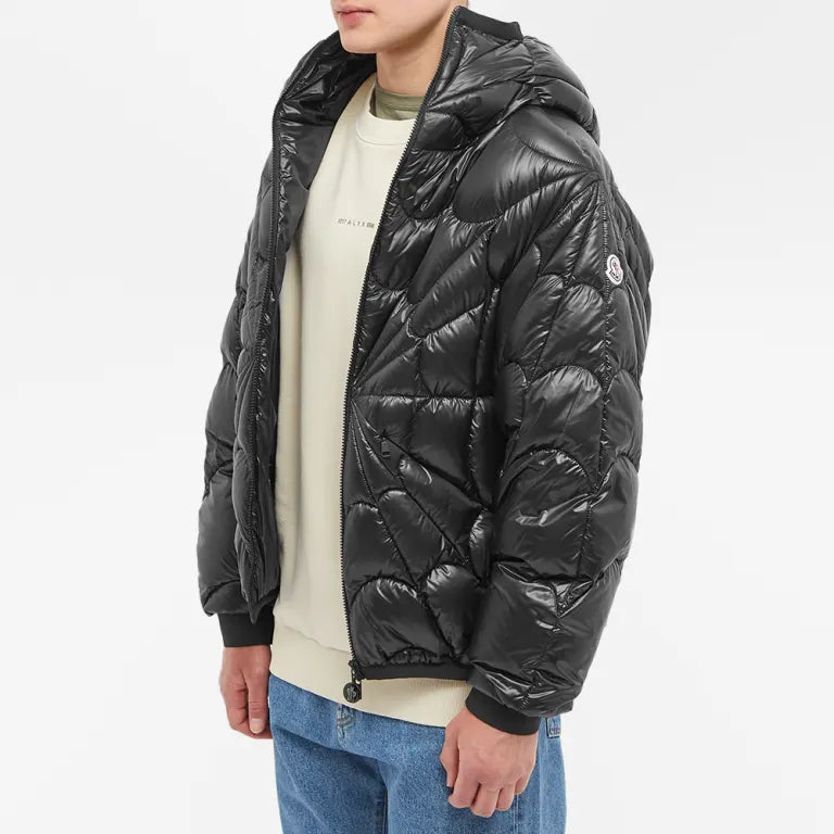 Moncler Black Radial Spider-Web Quilted Hooded Short Down Jacket