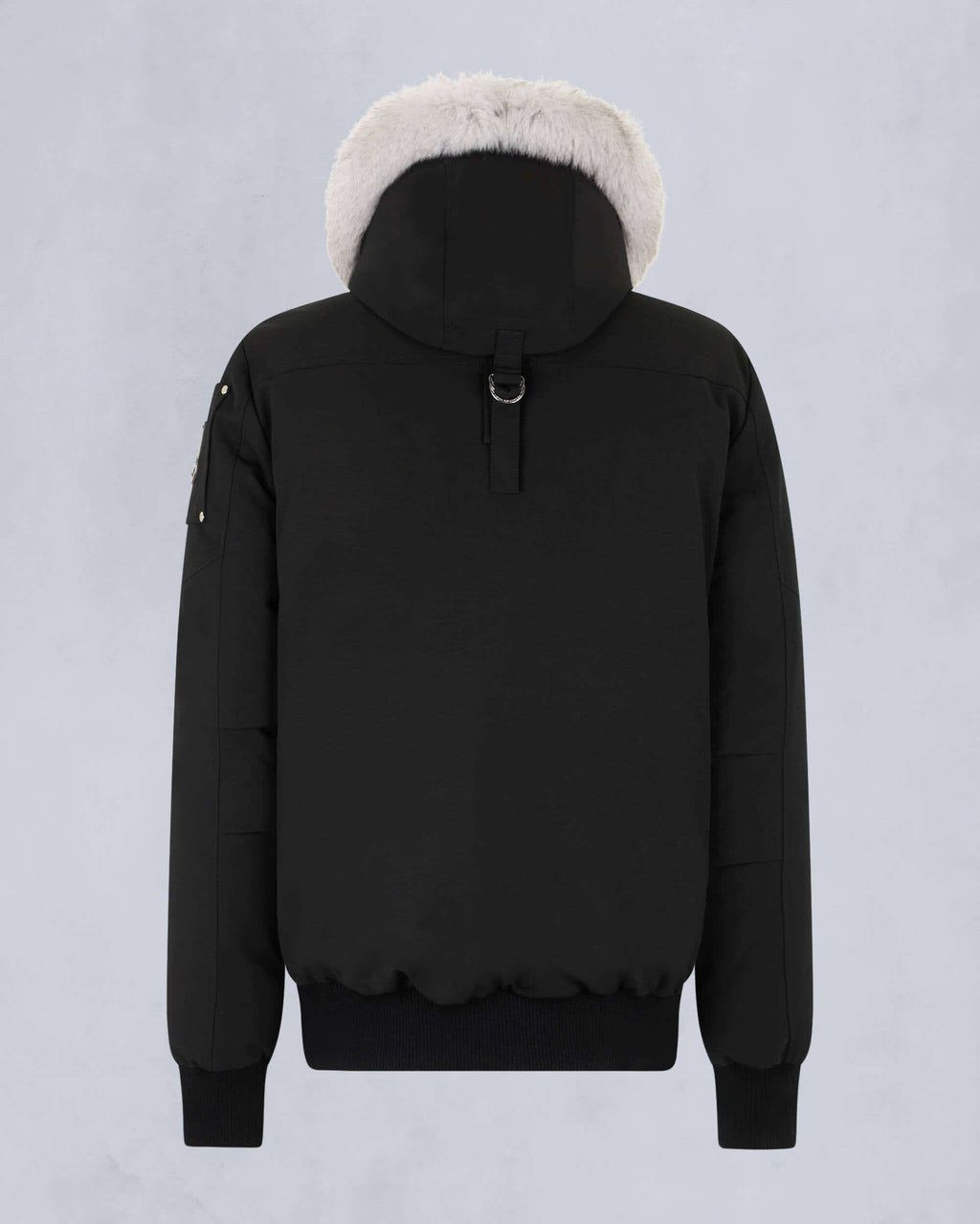 Moose Knuckles Black White Fur-Trim Hooded Bomber Down Jacket