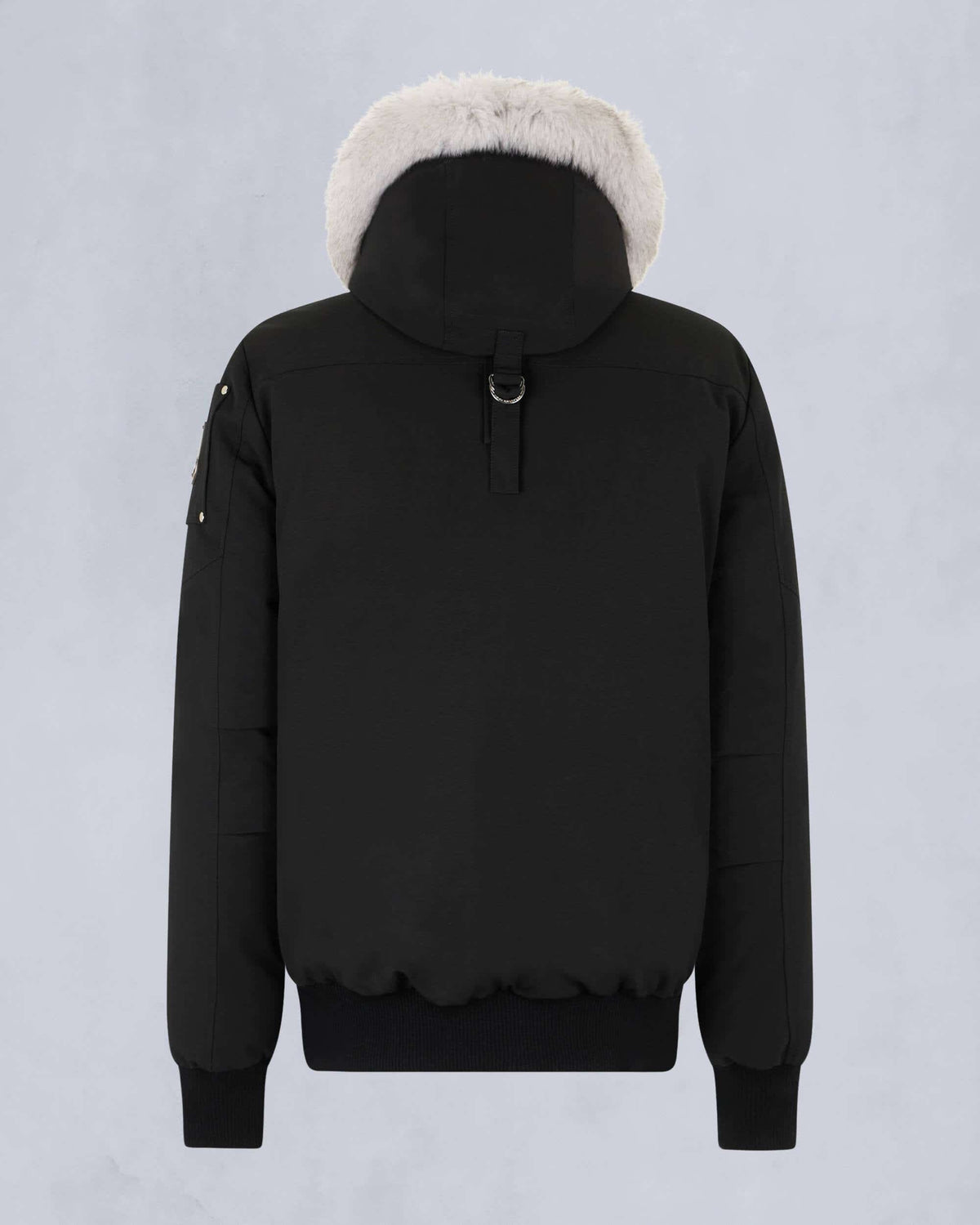 Moose Knuckles Black White Fur-Trim Hooded Bomber Down Jacket