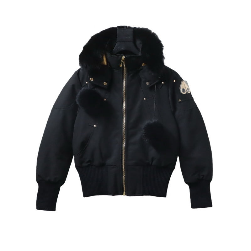 Moose Knuckles Black Fur-Trim Hooded Bomber Down Jacket