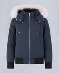 Moose Knuckles Navy Blue White Fur-Trim Hooded Bomber Down Jacket