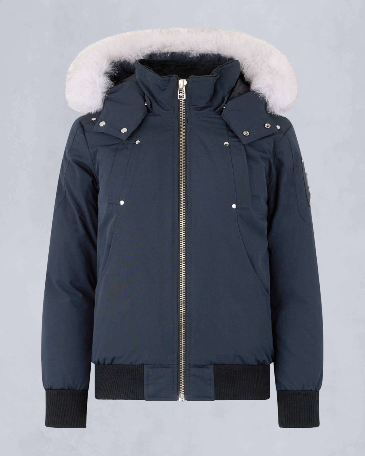 Moose Knuckles Navy Blue White Fur-Trim Hooded Bomber Down Jacket