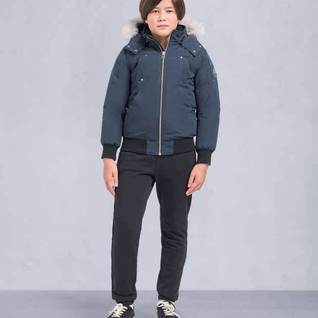 Moose Knuckles Navy Blue White Fur-Trim Hooded Bomber Down Jacket