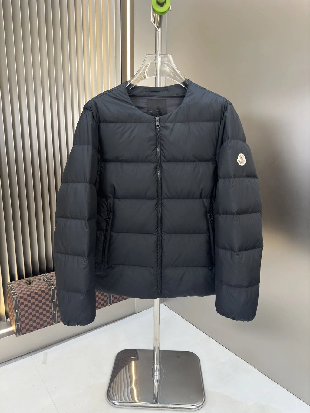 Moncler Black Collarless Crew-Neck Short Down Jacket
