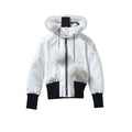 Moose Knuckles White Fur-Trim Hooded Bomber Down Jacket with Black Ribbed Contrast