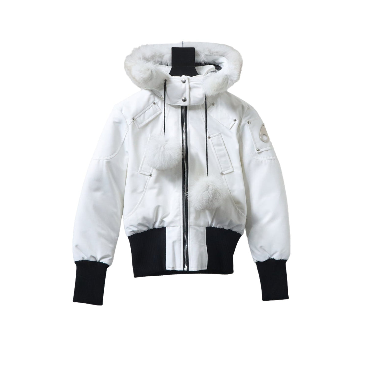 Moose Knuckles White Fur-Trim Hooded Bomber Down Jacket with Black Ribbed Contrast