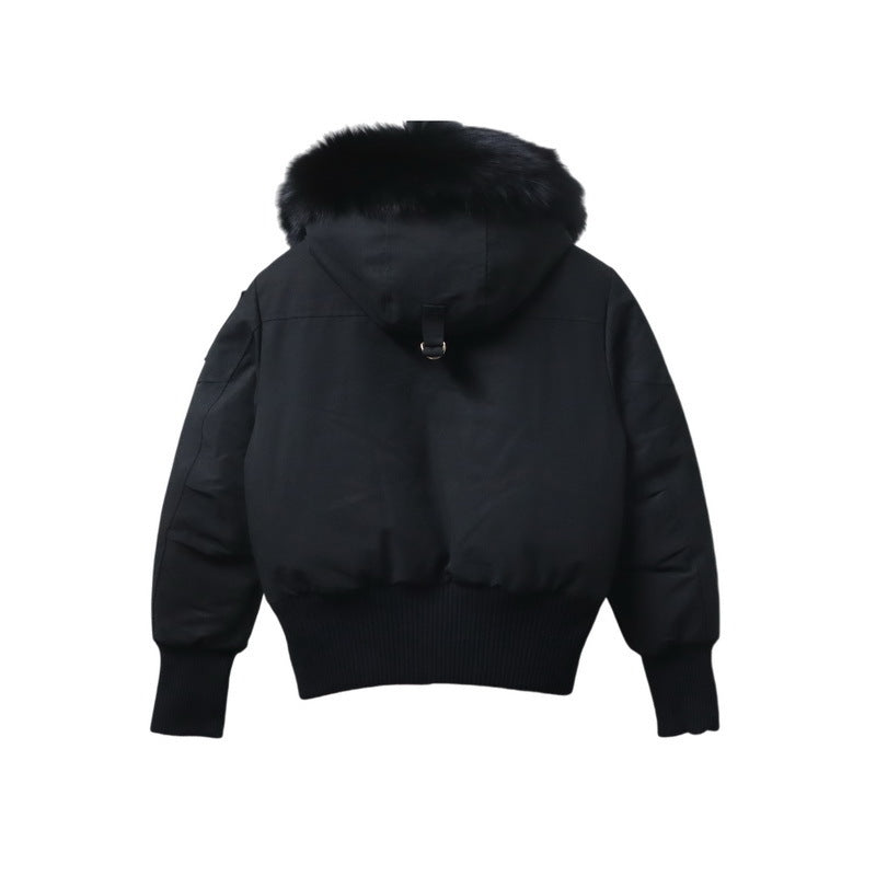 Moose Knuckles Black Fur-Trim Hooded Bomber Down Jacket